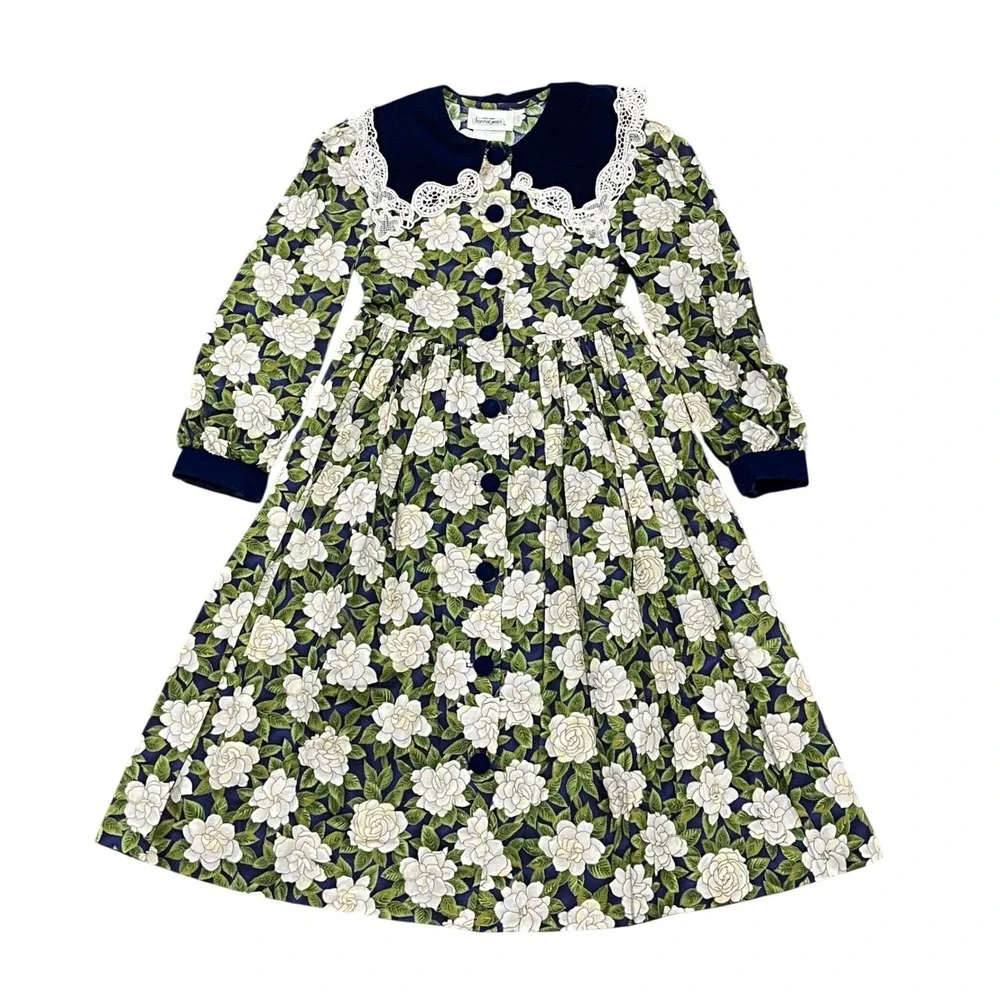 Bonnie Jean Dress Floral Velvet Navy Blue White Roses Lace Collar‎ Girls's 7